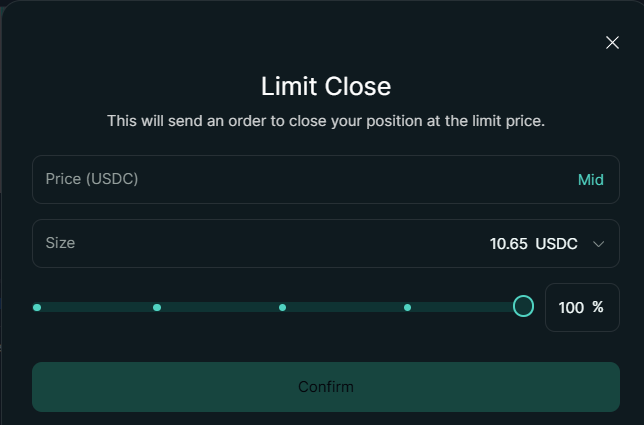 Limit close modal with limit price input