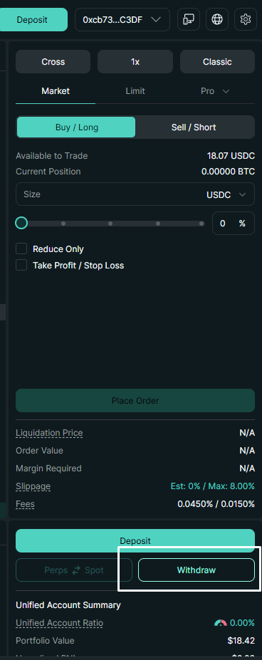 Withdraw button highlighted in trading interface