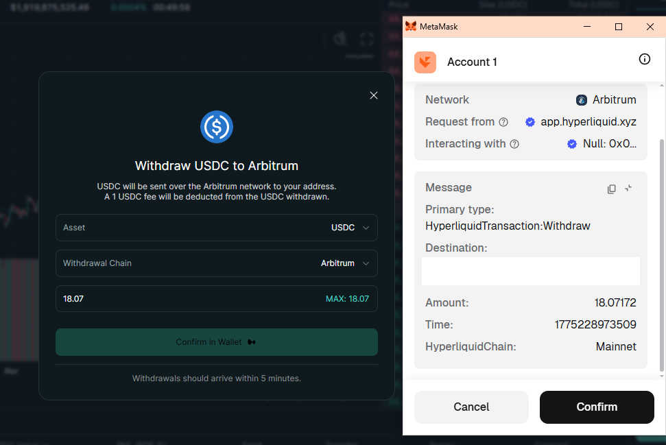 MetaMask withdrawal confirmation popup