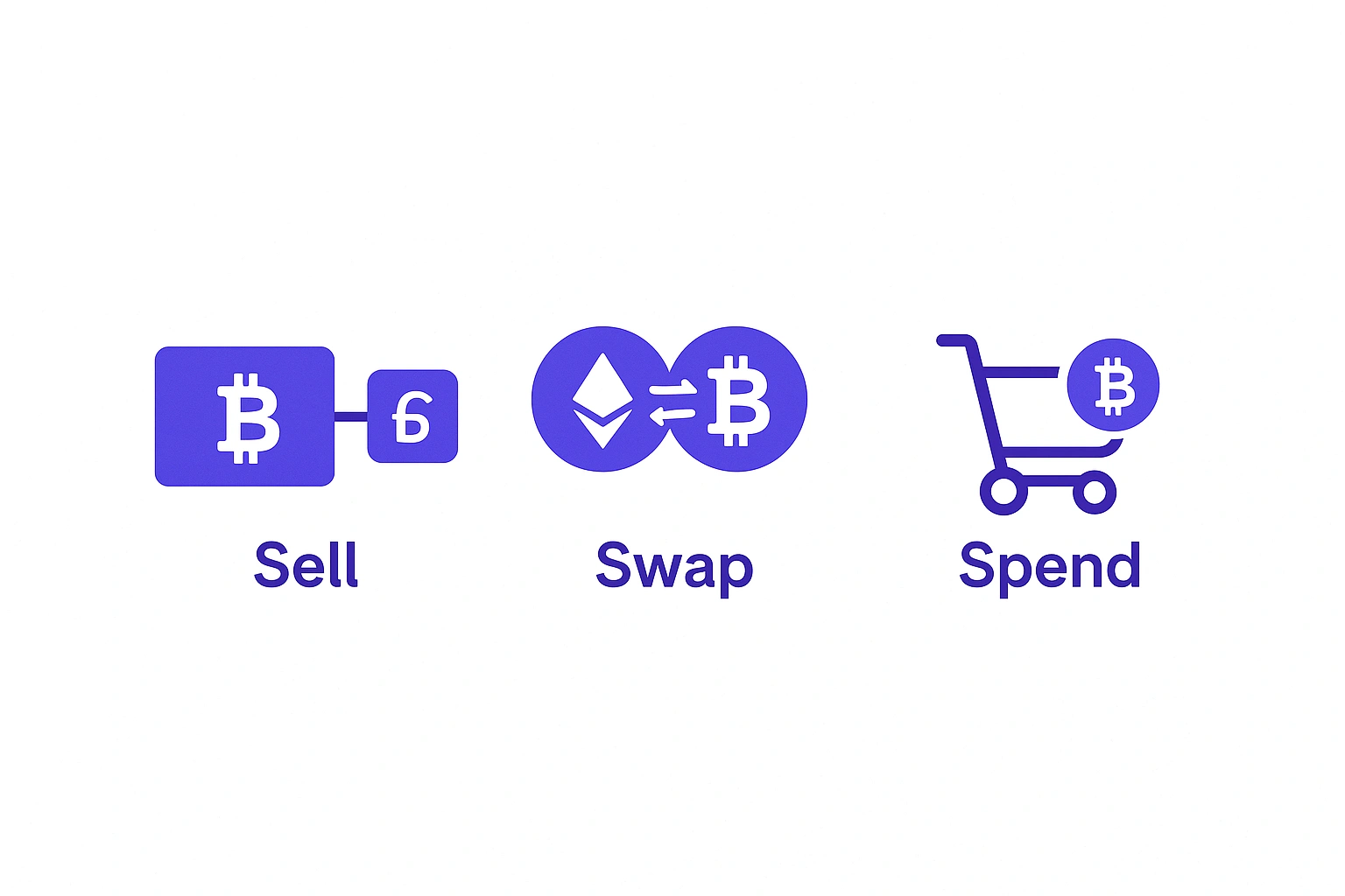 infographic showing flow: Buy → Gain → Sell → Pay CGT with small icons for GBP, tax, and ETH