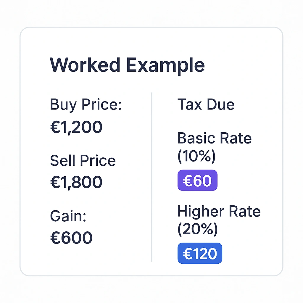 worked example card — left column Buy Price £1,200 / Sell Price £1,800 → Gain £600; right column tax due at 10% vs 20% with two coloured badges